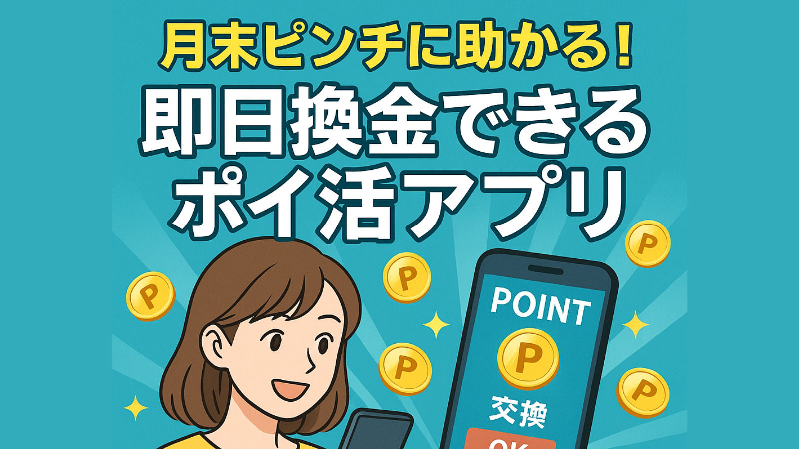 スマホでポイ活アプリを操作し、即日換金でお小遣いを増やす女性。画面にコインやポイントが表示され、楽しそうな雰囲気のイメージ画像。