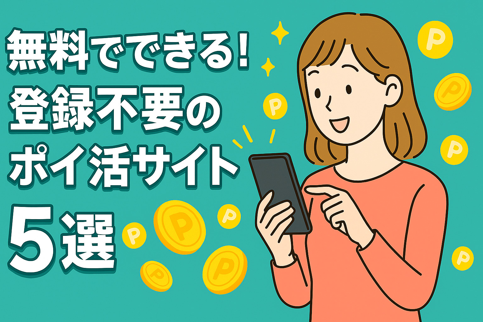 スマホを操作して無料でポイントを貯める女性。コインとポイントが舞う明るい画面で、安心してお得生活を楽しむ様子。